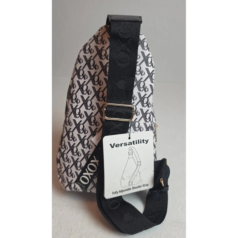 XOXO Monogram Sling Backpack Black White Gold Tone Logo Adjustable Strap NWT